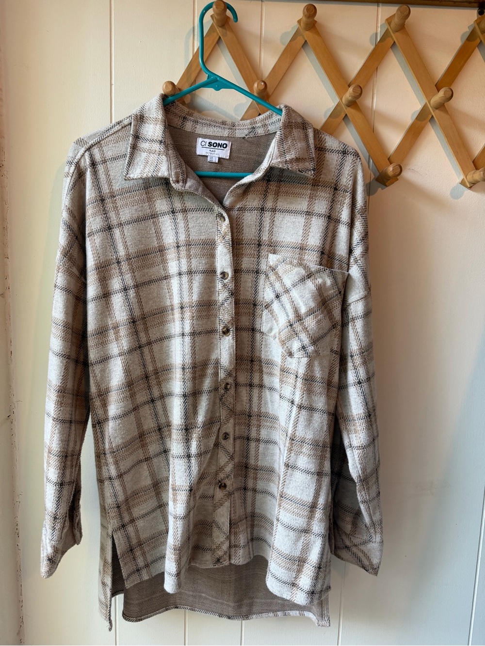 Oversized Ci Sono Cream and Brown Plaid Button-Down Shirt